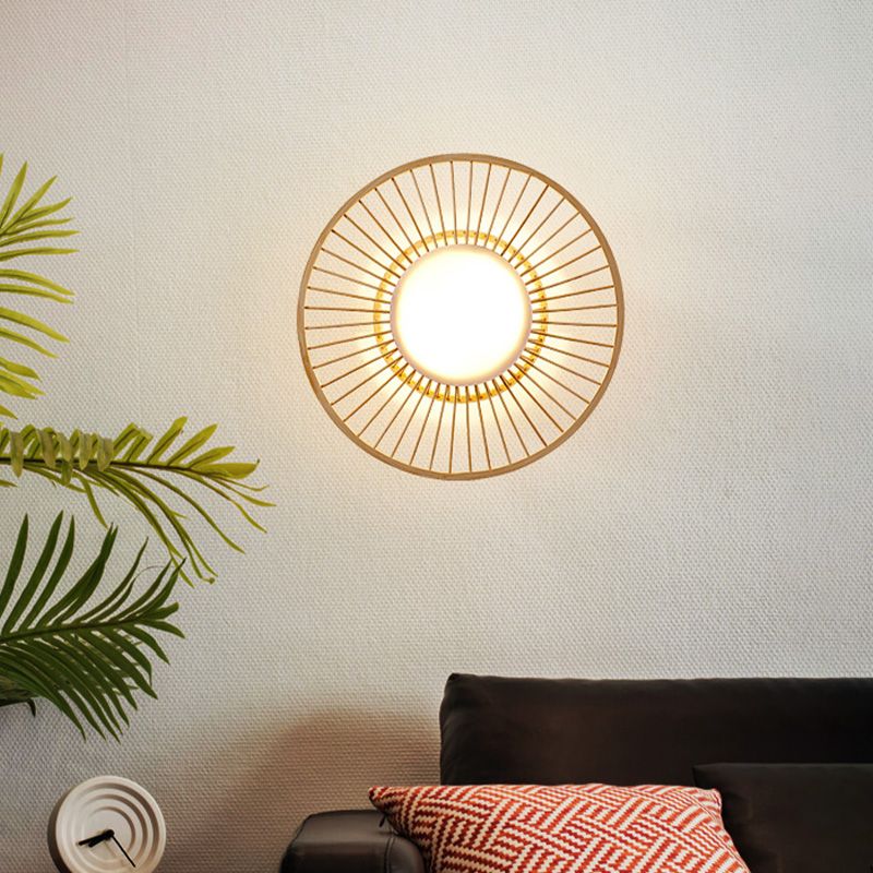 Single Head salon mural Light Asian Style Beige Mur Mur Sronce lampe avec nuance de bambou circulaire