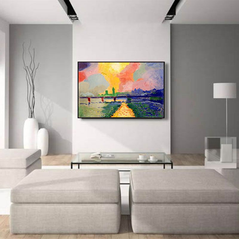 Scenery Canvas Wall Art Modern Stunning Charing Cross Bridge with Sunset Glow Painting in Pink