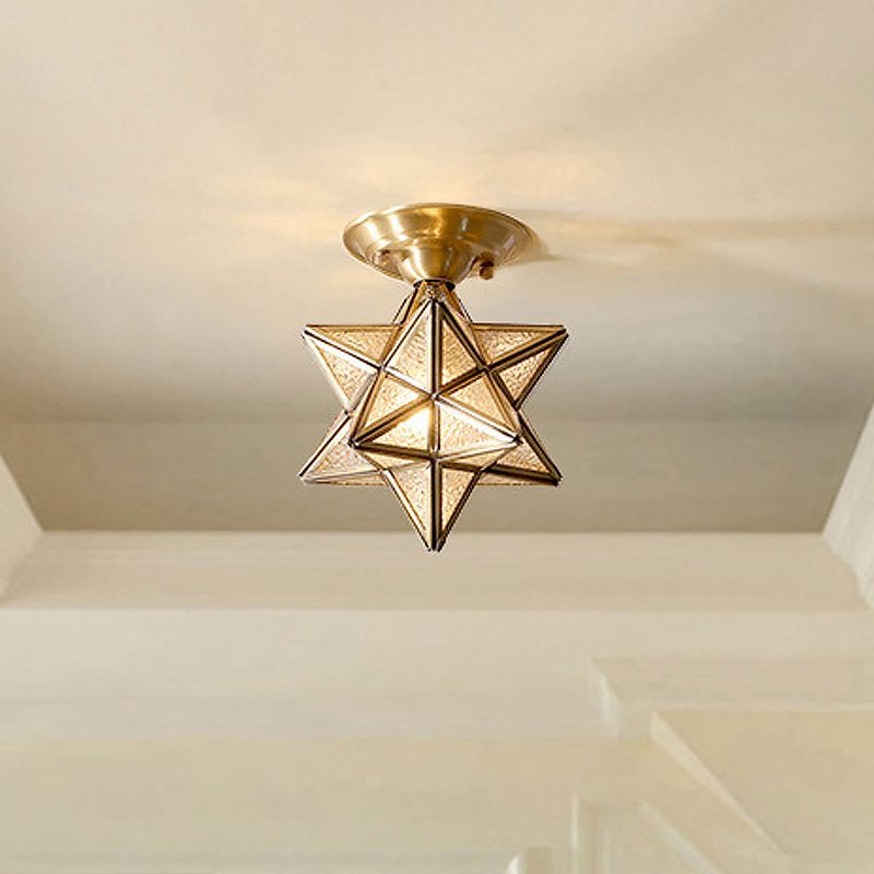 Plafonnier de chambre à coucher diamant/étoile encastré traditionnel en verre transparent à 1 lumière en laiton