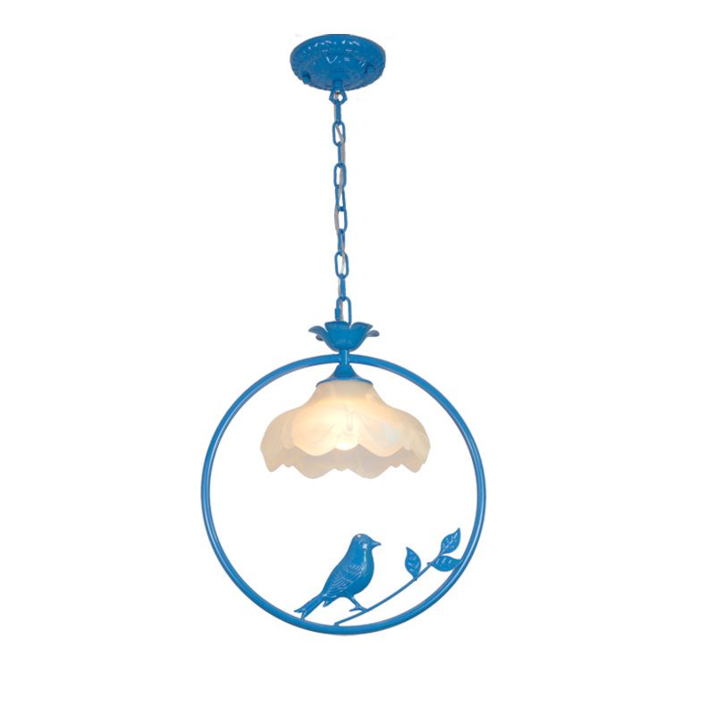 Classic Round Pendant Lighting 1 Light Metal Hanging Light Fixture in Black/White/Pink with Scalloped Shade