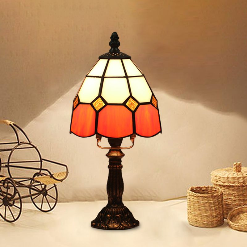 Dome Night Light Mission Stained Art Glass 1 Head Beige/Yellow/Orange Grid Patterned Nightstand Lighting for Bedroom