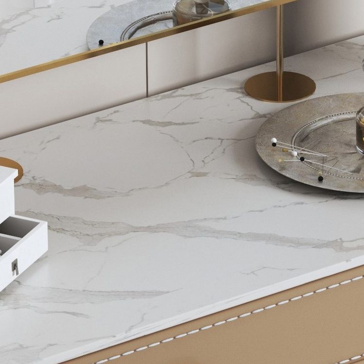 Mirrored Makeup Dressing Table Luxurious Stone Top Stool Set in Brown