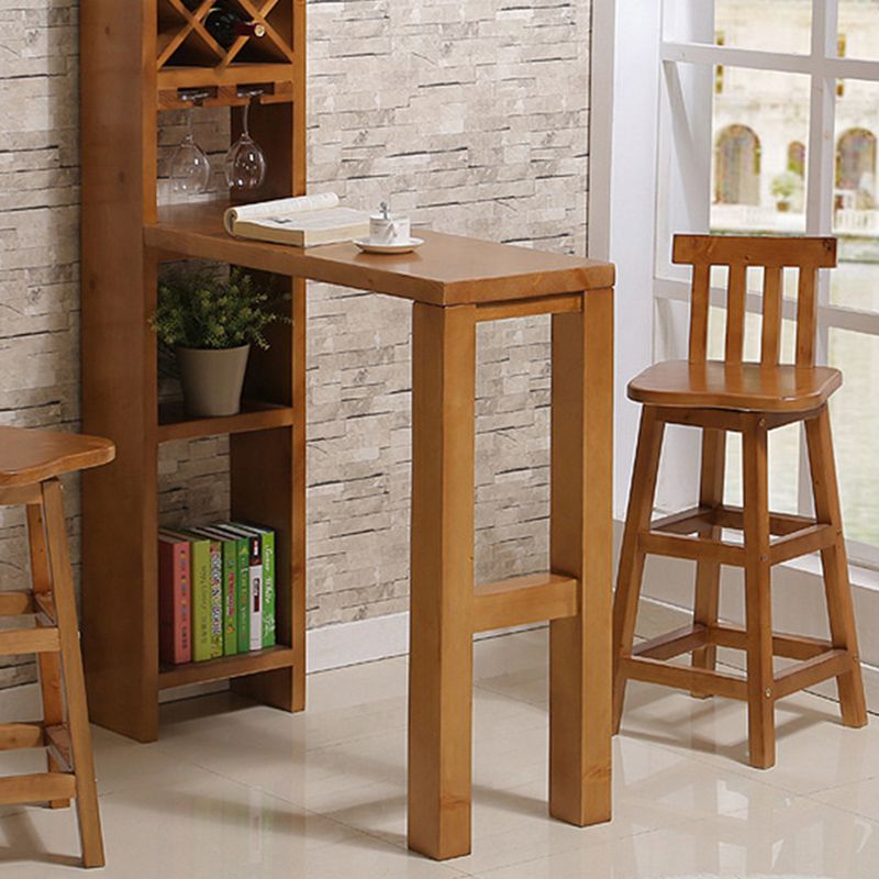 Brown Pine Wood Bistro Table with Storage Modern Pub Table for Home