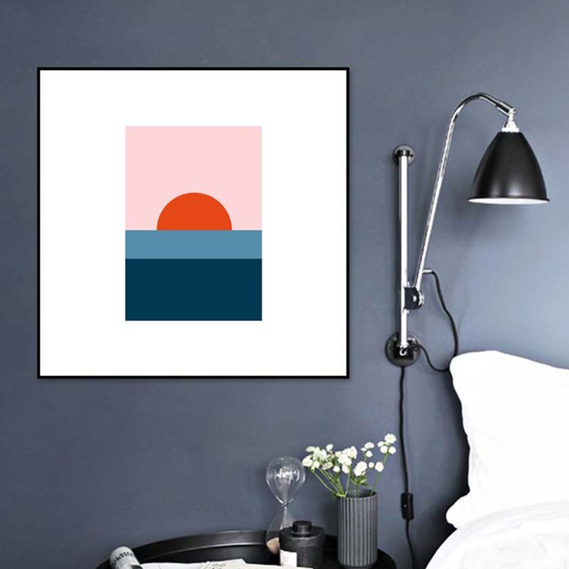 Minimalist Ocean Sunrise Drawing Art Print Canvas Textured Blue Wall Decor for Bedroom