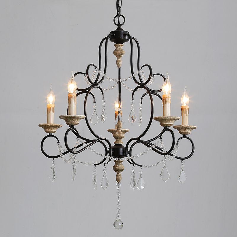 5 Bulbs Candle Hanging Lamp Countryside Distressed White Iron Chandelier Lighting with Wood Beads