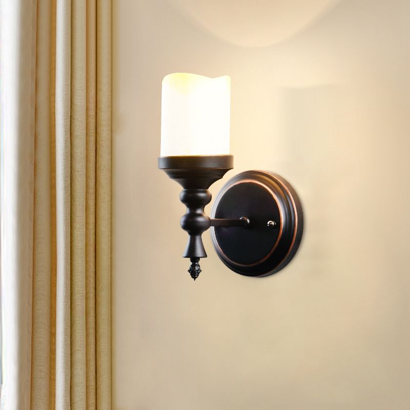 Opal Glass Candle Wall Light Sconce Antiqued 1 Light Indoor Wall Lamp Fixture in Black