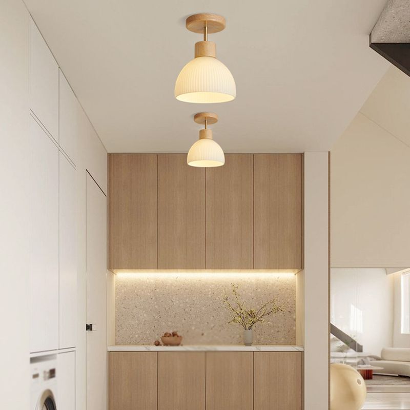 Contemporary Wood Ceiling Light White Shaded Flush Mount Lighting for Home