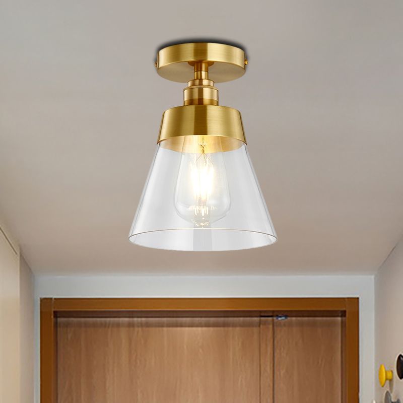 Plafonnier en verre transparent cône, montage encastré, industriel, 1 lumière, finition en laiton, suspension semi-encastrée pour balcon