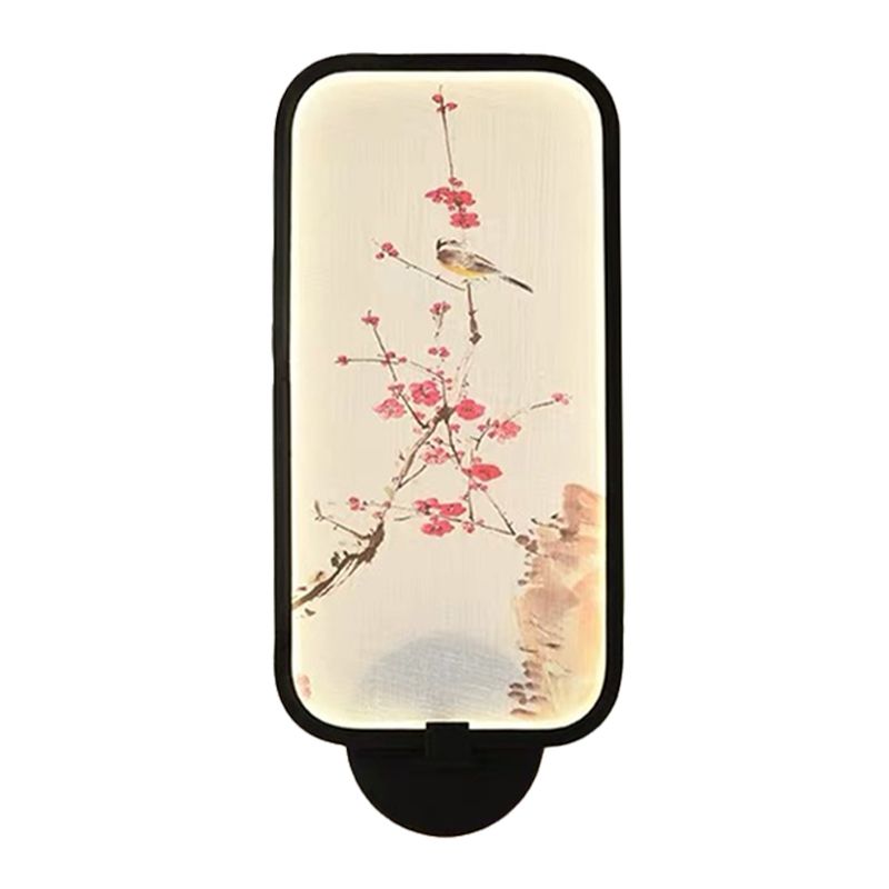 Rectangle Acrylic Plum and Bird Mural Light Chinese Style LED Black Wall Mounted Light Fixture