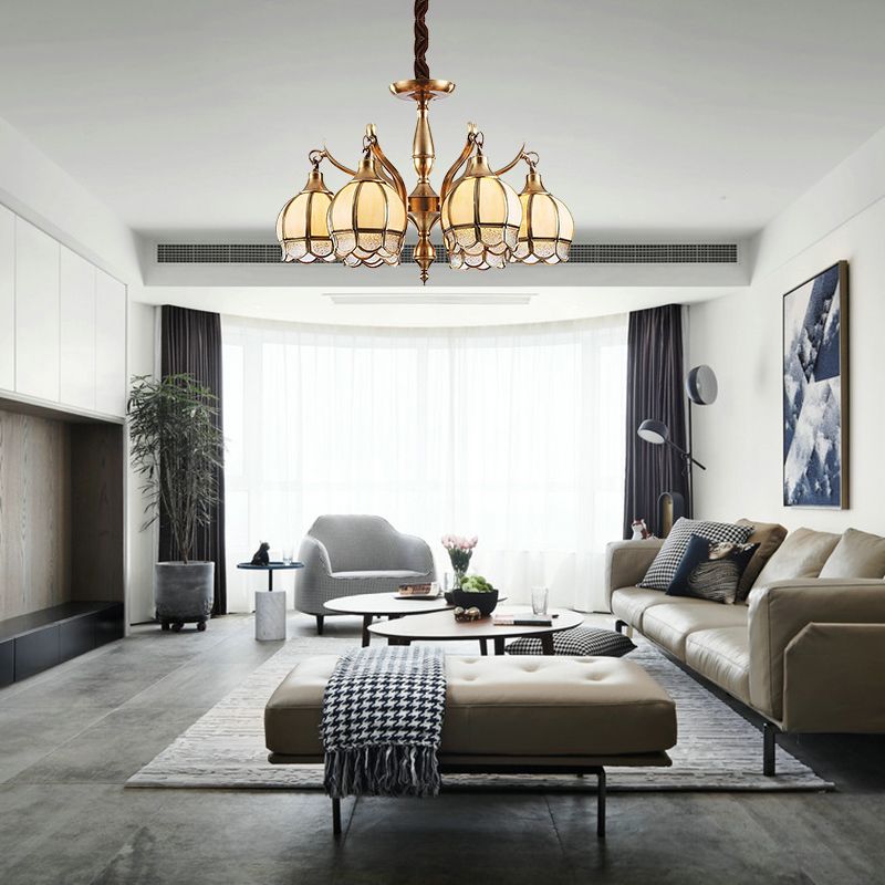 Gold 6 Lights Chandelier Lamp Colonialist Frosted Glass Flower Shape Down Lighting Pendant