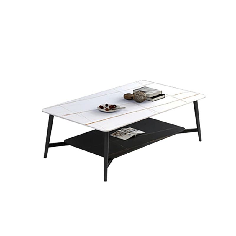 Modern Coffee Table with Storage Shelf and Black Metal Cross Base