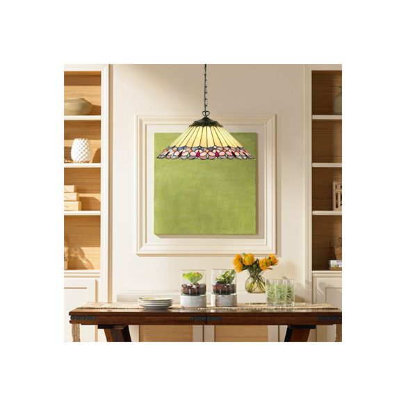 Baroque Conical Down Lighting 1 Head Pink/Green Stained Art Glass Suspended Pendant Light