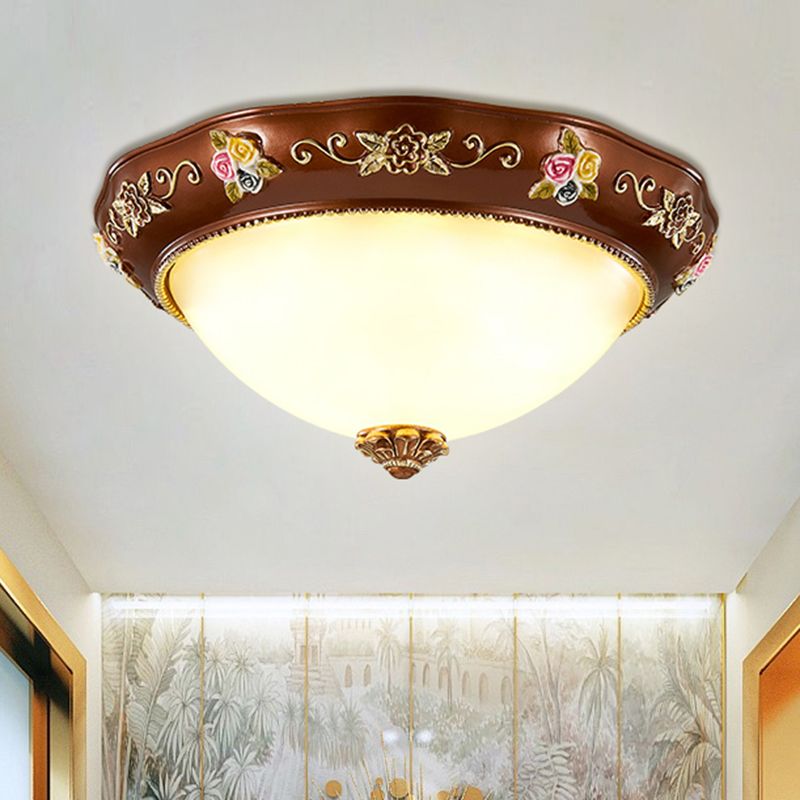 Tapered Bedroom Flush Mount Lamp Vintage Resin 3-Light 11"/15"/19" Wide Red Brown Ceiling Fixture