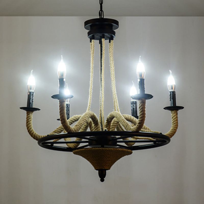 6 Bulb Chandelier Pendant Light Vintage Wagon Wheel Metal Hanging Lamp with Rope Detail in Black