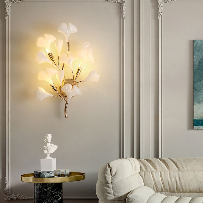 2 / 3 - Light Ginkgo Leaf Shape Wall Light Iron and Plastic Wall Sconce in Gold and White
