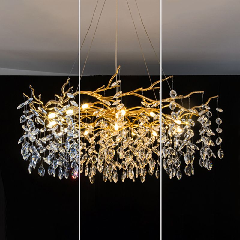 Golden Aluminum Branches Shaped Chandelier Transparent Crystal Drops Rustic Style Vintage Pendant Light