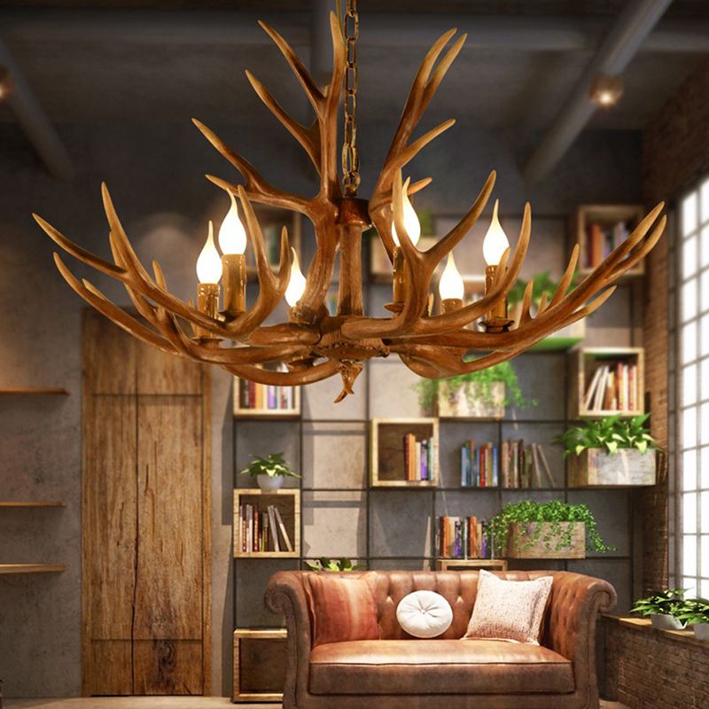6-Light Original Wood Color Resin Deer Horn Chandelier Retro Rustic Style Candlestick Shape Hanging Pendant Lamp with Adjustable Chain