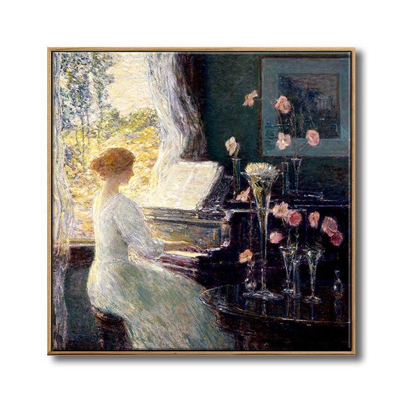 Vintage-Wandkunst-Dekor, grüne Schönheit, die Klavier spielt, Leinwand in Grün für das Wohnzimmer