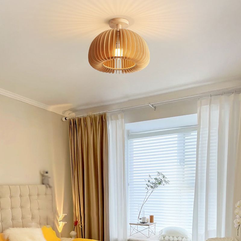 1-Light Ceiling Light Modern Ceiling Mount Light with Wood Shade for Living Room