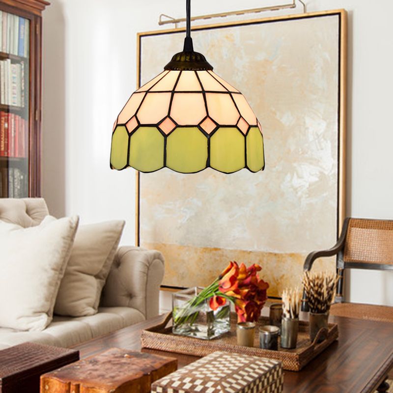 Tiffany-Style Bowl Pendulum Light 1 Head Handcrafted Art Glass Suspension Lamp in Green/Light Blue/Dark Blue for Living Room