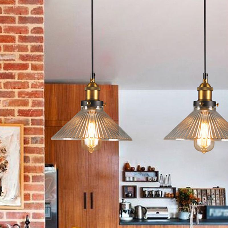 Messing afwerking 1-licht hanger industrieel helder geribbeld glas conisch druppellicht voor bar