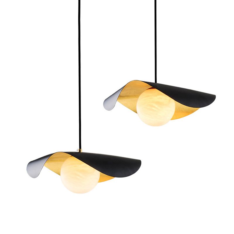 Black and Gold Inner Ruffle Pendant Postmodern 1 Bulb Faux Marble Hanging Light with Ball Glass Shade