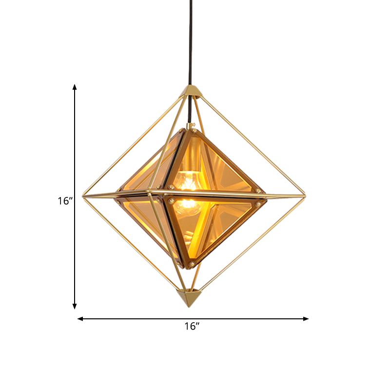 Black/Gold/Amber Glass 1-Light Drop Pendant Colonial Diamond Shape Ceiling Light Fixture with Exterior Iron Frame