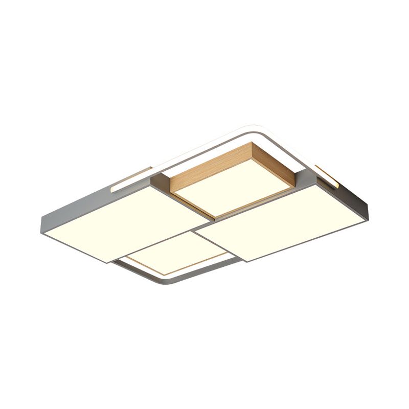 20.5"/34" Wide Nordic LED Ceiling Light Acrylic Grey and Wood Square/Rectangle Flush Mount with Grid Design, Warm/White Light