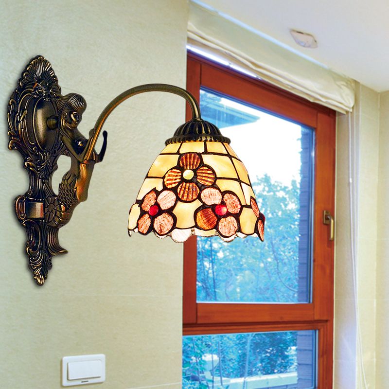 Floral Sconce Light Fixture Tiffany Beige Glass 1 Head Bedroom Wall Mount Lighting
