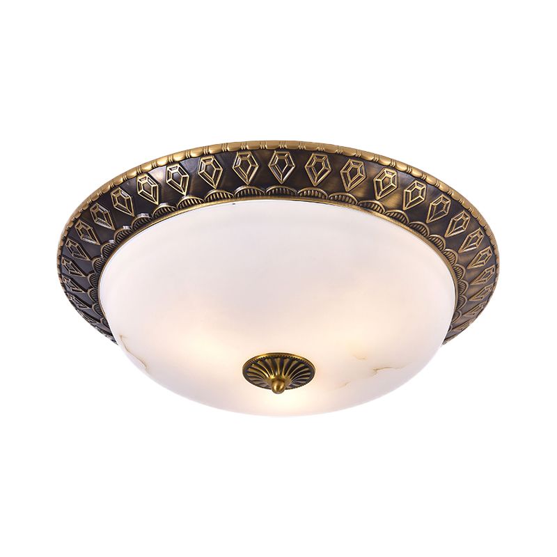 2/3 Heads Flush Mount Lamp Traditional Living Room Ceiling Light with Bowl Milk Glass Shade in Brass, 14"/16"/19.5" W