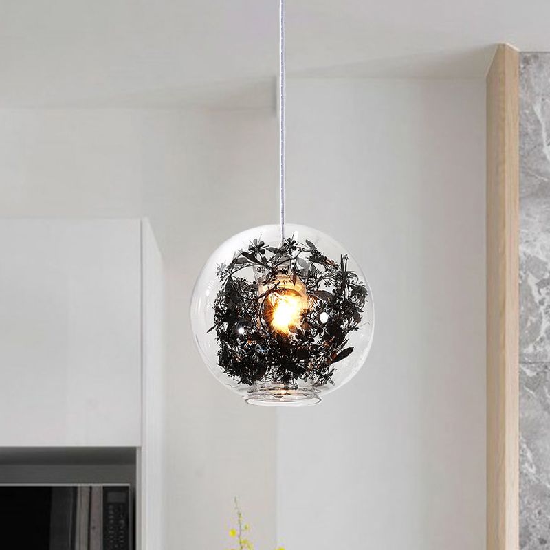 Luz de techo colgante de la esfera de vidrio transparente 1 Lámpara colgante de la cabeza 1 cabezal con diseño de plantas negras en el interior