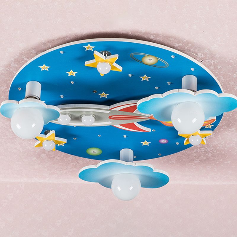 Lámpara de techo LED de madera contemporánea con montaje empotrado Blue Rocket para niños
