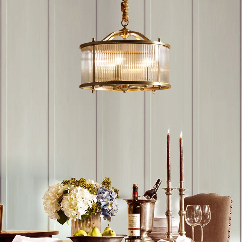 Copper Chandelier Light Fixtures American Style Multi-Head Drum Suspension Lamps with Glass Shade