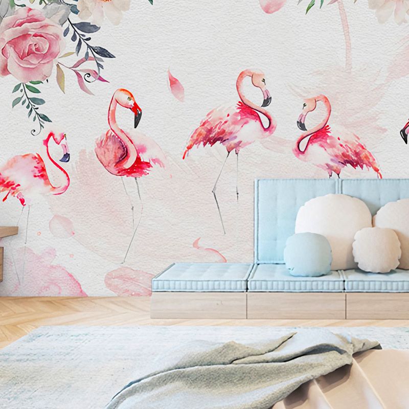 Pink Flamingo Wall Art Water-Resistant Mural Wallpaper for Girl's Bedroom