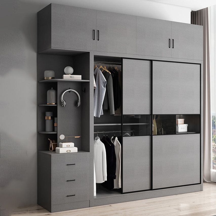 Gray Colour Wooden Wardrobe Rod Included Wardrobe Wardrobe Closet with Sliding Door