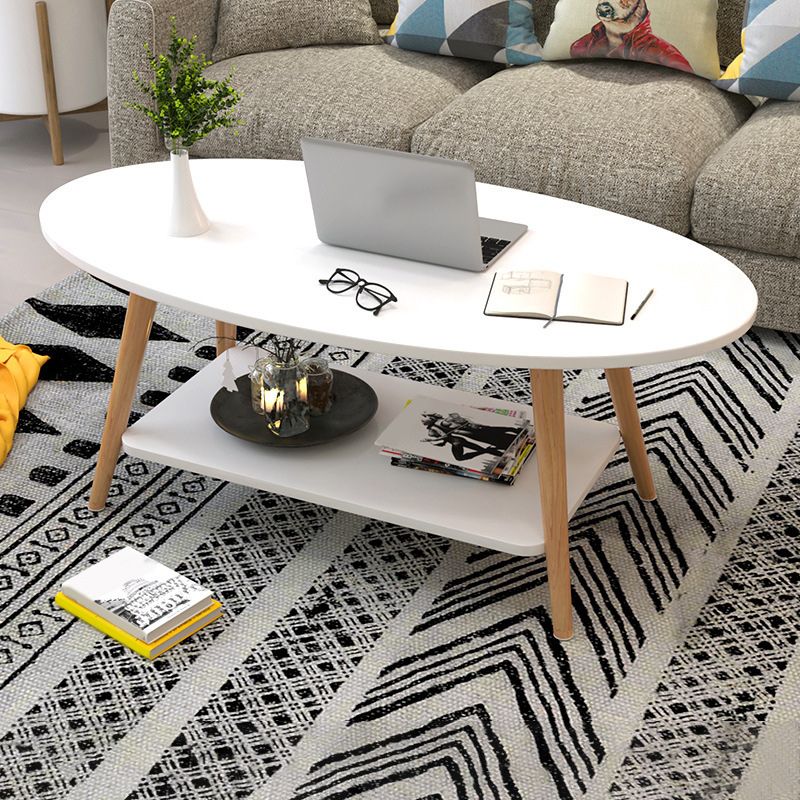 Modern Oval Solid Wood Coffe Table with Storage Shelf and 4 Legs