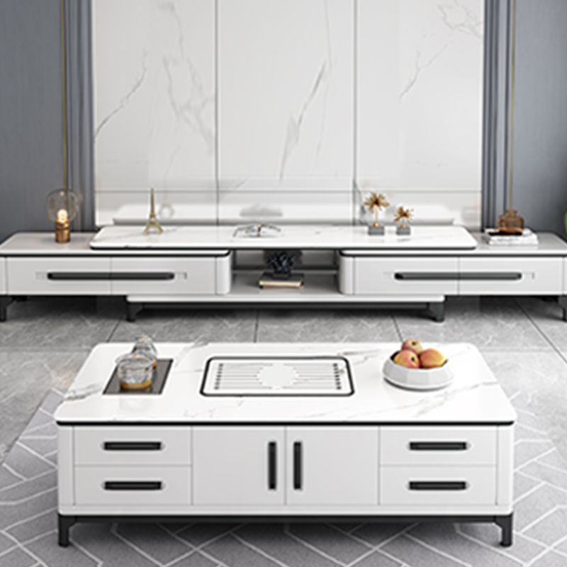 Contemporary Cocktail Table Stone Rectangle Top 4 Legs with 8 Drawers