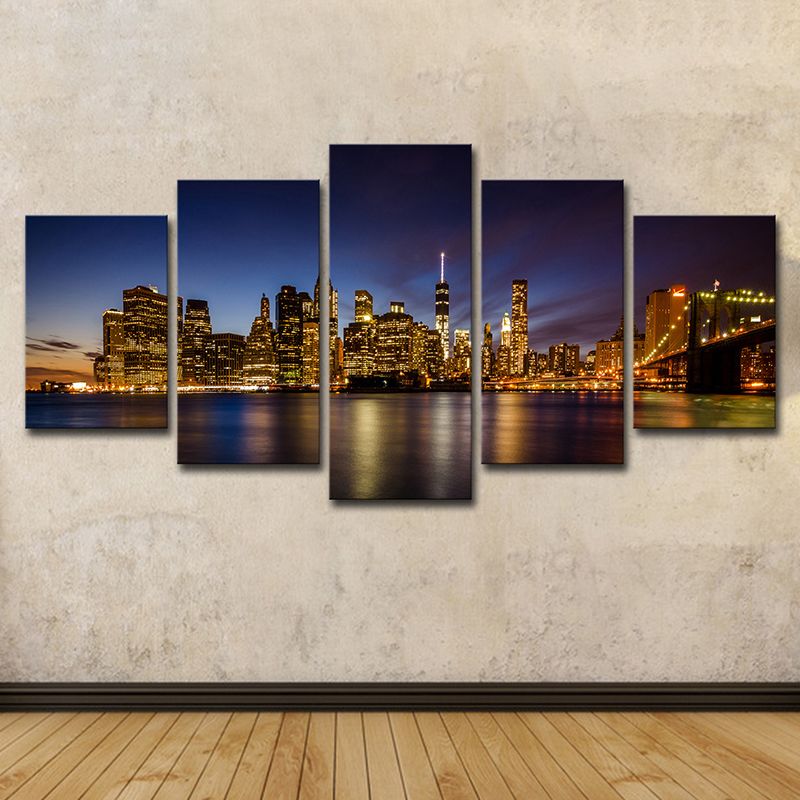 Brooklyn Bridge Wall Art Decor for Home Night Cityscape Canvas in Black, Multi-Piece