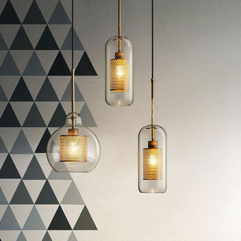 Geometric Clear Glass Pendulum Light Postmodern 1-Light Pendant Lamp with Mesh Guard