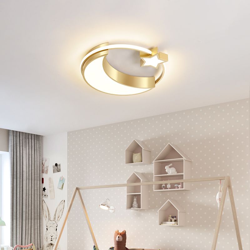 Golden Moon and Star LED Flush Mount Fixture Nordic Acrylic Ceiling Flush Mount Light for Nursery