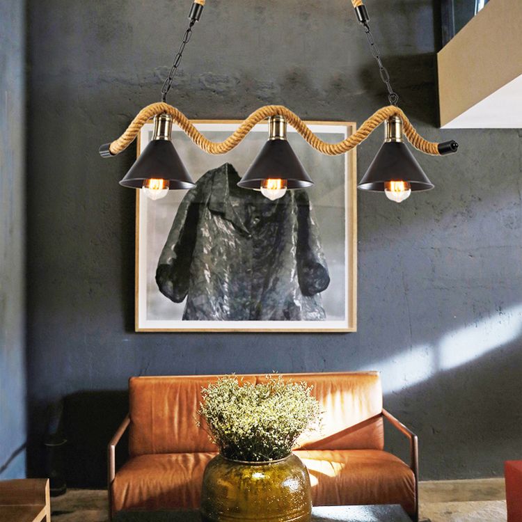 Corda di canapa a corda industriale di illuminazione dell'isola luci a ciondolo nero lineare per sala da pranzo