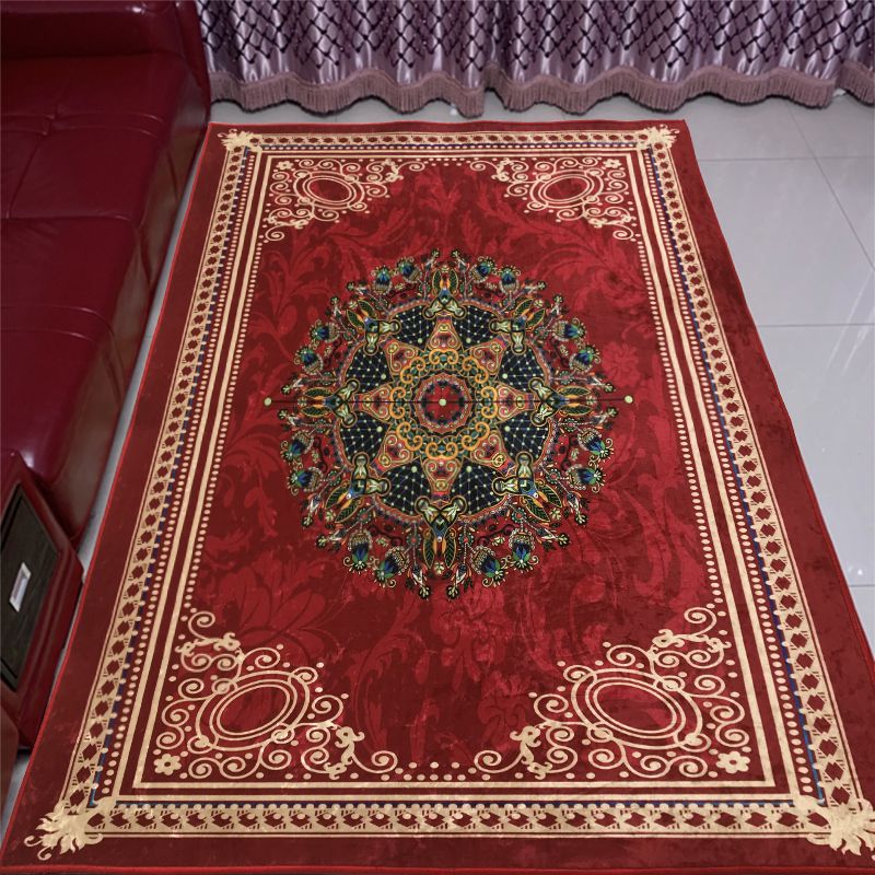 Fancy Red Carpet Medallion Pattern Traditional Area Rug Polyester Non-Slip Backing Rug for Bedroom