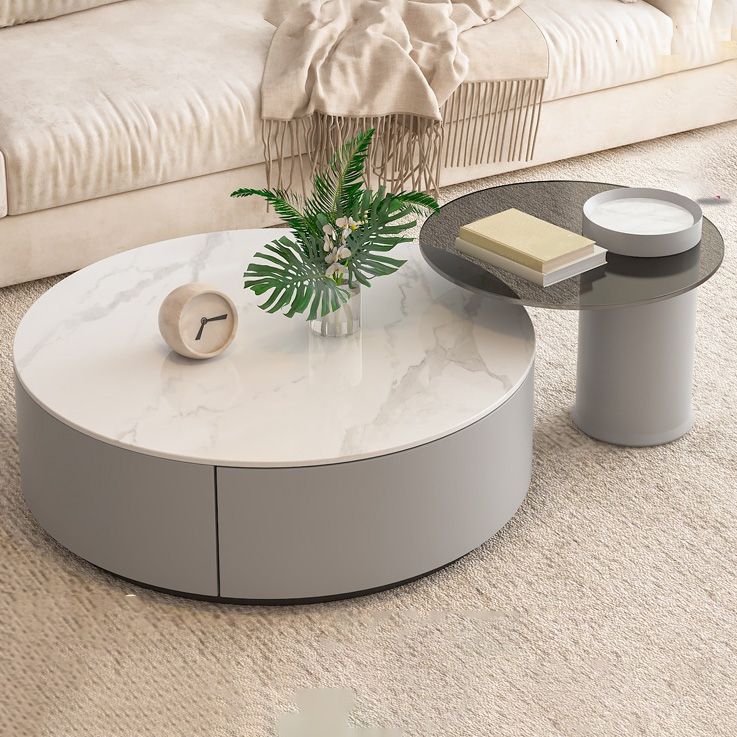 Drum Coffee Table Contemporary Stone Cocktail Table with 2 Storage Drawers