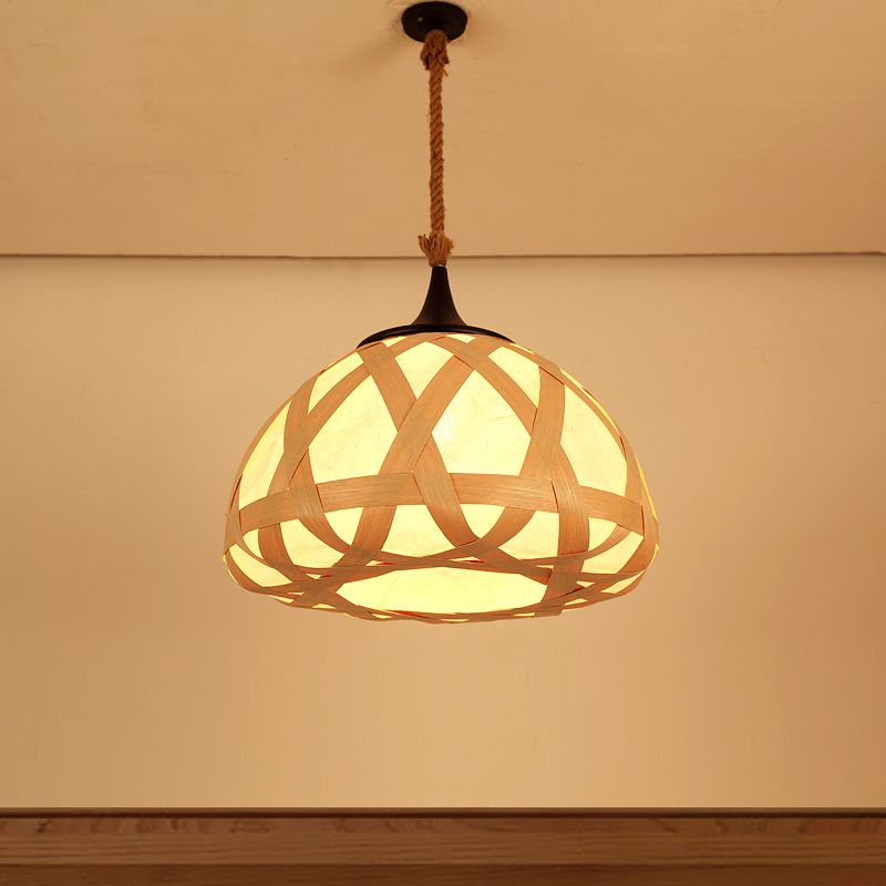 Hemisphere Pendant Light Japanese Wood 1 Bulb Suspended Lighting Fixture in Beige