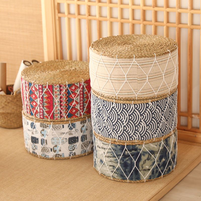 Traditional Poof Tribal Pattern Cylinder Shape Rattan Tear Resistant Pouf