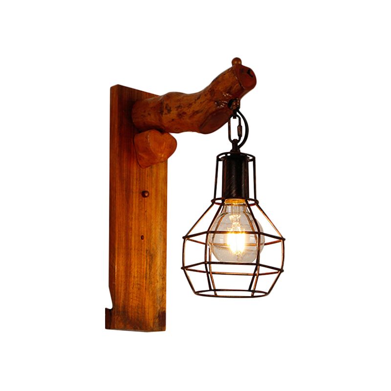 Kugelkäfigschlafzimmerleuchter leichter Vintage Stylish Metal 1 Glühbirne Schwarze Wand Hanging Lampe mit Holzrückenplatte