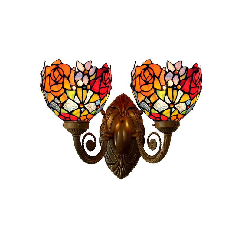 2 Lights Wall Sconce Light Tiffany Rose Patterned Stained Glass Wall Lamp in Bronze with Bowl Shade
