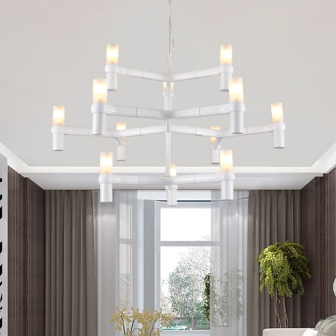Black/White Crown Hanging Chandelier Light Modern 12 Lights Metallic Hanging Lamp with Frosted Glass Cylinder Shade