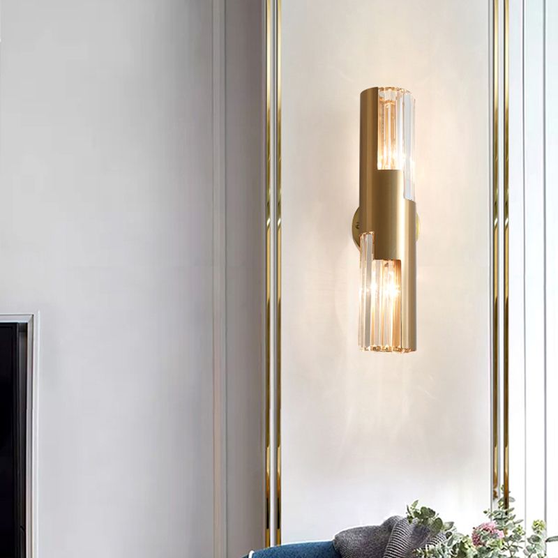 Pole Shaped Living Room Wall Sconce K9 Crystal 2-Bulb Minimalist Wall Mount Lamp in Gold