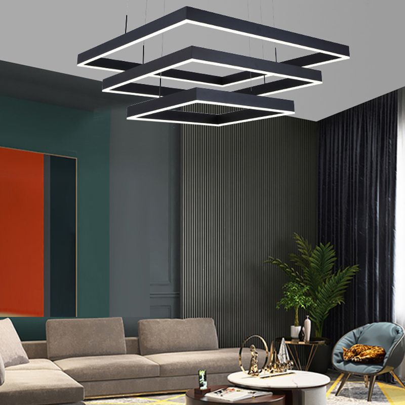 Minimalist Square LED Chandelier Metallic Living Room Suspension Light in Black
